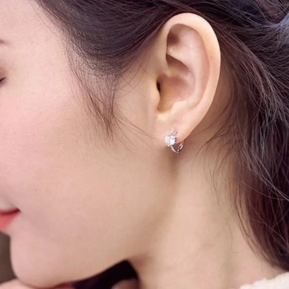 925 Sterling Silver Diamond Huggie Hoop Earrings - Picture 6 of 7